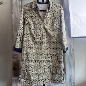 Elizabeth McKay Geometric 3/4 Sleeves Blue Yellow Dress